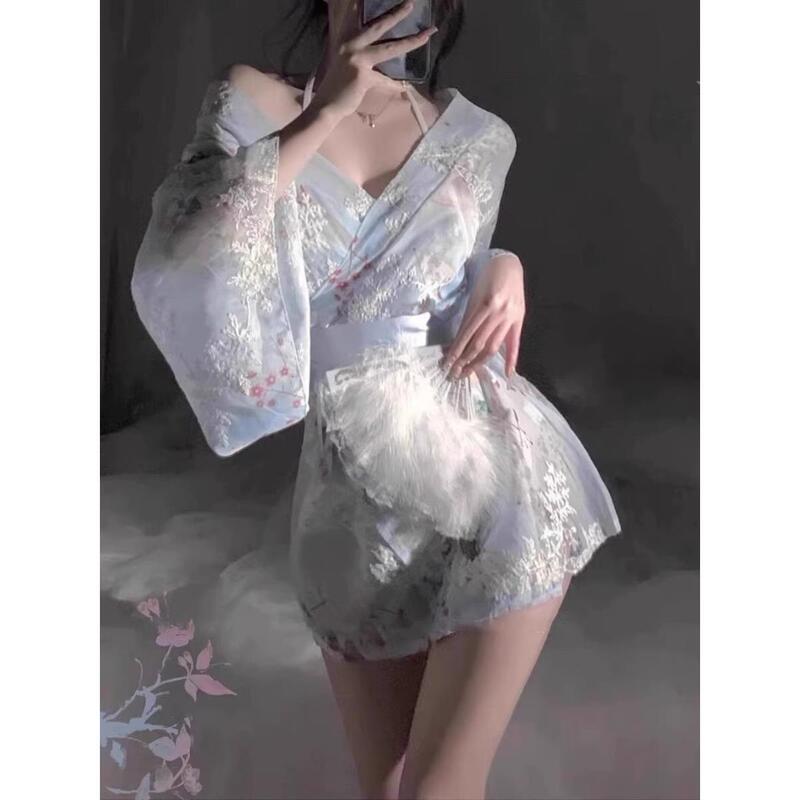 Divine Maiden Sweet Bow Print Japanese Style High-End Thin Sexy Pure Desire Japanese Kimono Open-Front Bathrobe