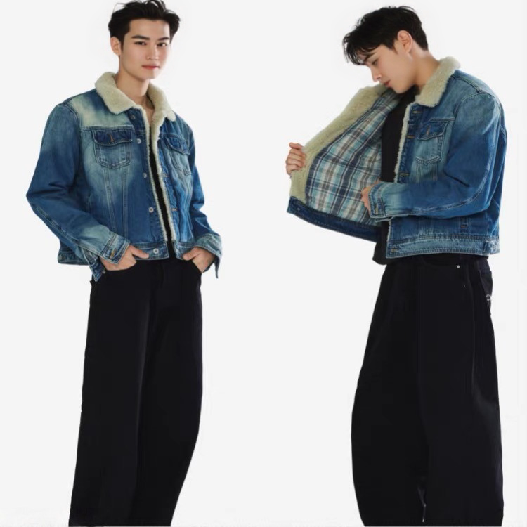 25「Milan Street」Distressed Lambswool Denim Jacket with Plaid Patchwork, Warm Cotton Jacket for Men and Women