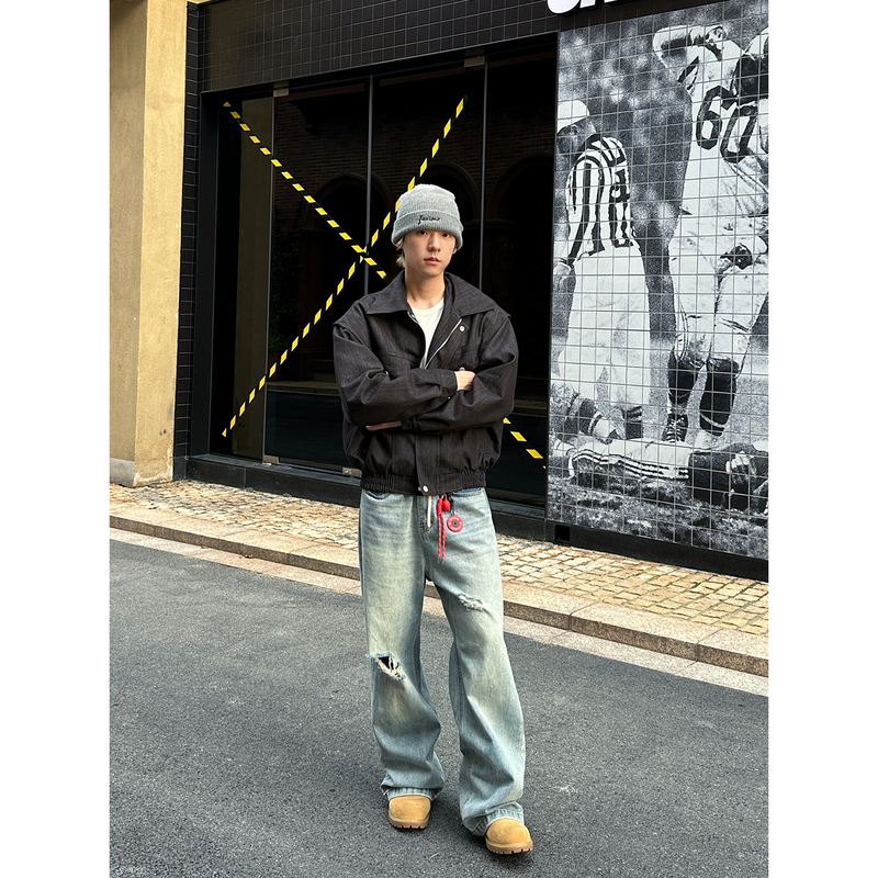 Faxims Store American Retro Street Style Ripped Jeans for Men and Women, Washed Loose Straight Wide-Leg Casual Pants
