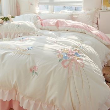 Princess-style fairy sleeping naked pure cotton full cotton bed skirt four-piece set e girl heart embroidered lace bed sheet quilt cover bed cover
