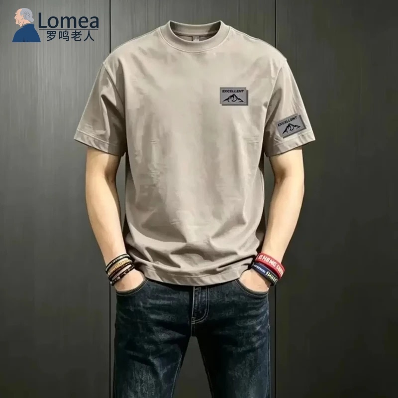 Luo Ming Elderly Brand Men's Clothing American Style Heavyweight Men's Summer Crew Neck Printed Short Sleeve T-Shirt Trendy Versatile Top Luo Ming Elderly Brand Men's Clothing American Style Heavyweight Men's Summer Crew Neck Printed Short Sleeve T-Shirt Trendy Versatile Top