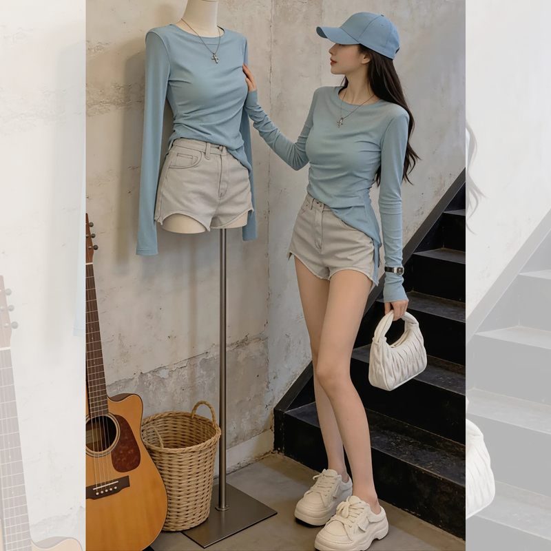 Blue Slim-Fit, Slimming, Simple, Sun-Protective Long-Sleeve T-Shirt for Women, 2026 Spring, Stunningly Beautiful, Korean-Style, Pretty Top