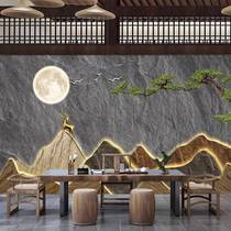 New Chinese style 3D three-dimensional rockery background wall wallpaper tea room mural living room imitation slate wall cloth hotel front desk decoration
