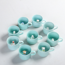 Animal coffee cup with bottom three-dimensional ceramic cup cute cartoon creative cup celadon water cup spoon with lid