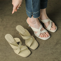 8188-8 Cross-strap square-toe high-heeled slippers for women with stiletto heels for summer new style INS temperament half-drag fairy style