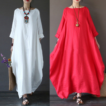 Fat sister plus size womens summer literary and artistic slightly fat mm loose belly-covering linen long skirt Western style cotton and linen dress