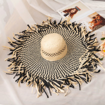 Cross-border raffia spliced ​​large-brim fur-brimmed straw hat for women with resort style seaside sun protection hollow breathable beach sun hat
