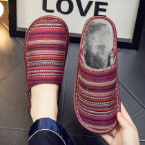 Autumn and winter cotton linen home fabric plus velvet to keep warm couples cotton slippers for men and women indoor home use non-slip mute