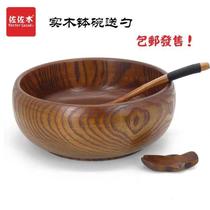 Solid wood large wooden bowl covered rice bowl vegetable bowl noodle bowl soup bowl salad bowl with large wooden spoon