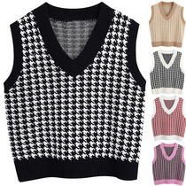 European and American cross-border foreign trade Amazon autumn and winter new womens houndstooth knitted vest V-neck sleeveless pullover sweater