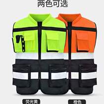 Ready for sale stand collar spliced multi-pocket reflective vest reflective vest tricot fabric double color matching four pocket reflective clothing