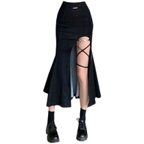 Plus size fat girl black high-waisted fishtail skirt female summer sweet hot girl slimming covering the flesh slit skirt covering the buttocks