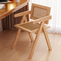 Nordic log style Chandigarh chair wabi-sabi style rattan chair balcony armrest chair home solid wood dining chair