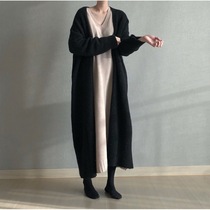 2023 new autumn and winter Korean chic style long knitted cardigan over the knee tie slit loose sweater jacket for women