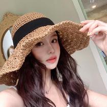 Straw hat womens summer seaside big brim Hepburn style French sun protection hat with UV protection 2024 new style