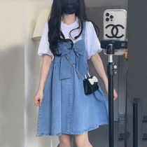 Plus size fat girl suit womens new summer loose slim puff sleeve top double-sided denim suspender skirt