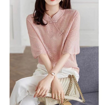 New Chinese style pink oblique placket lace-up stand-up collar short-sleeved shirt for women 2024 summer national style loose acetic acid temperament