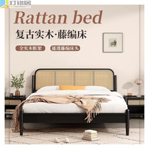 Rattan bed wabi-sabi style rattan bed sheets double bed small apartment bedroom big bed bed and breakfast hotel rental room black