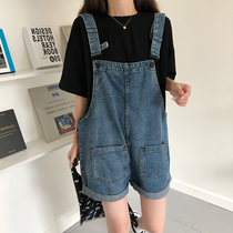 Fat sister plus size shorts womens summer 200 pounds denim suspenders loose Korean version student thin style new style