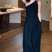 Informal workplace fashionista linen high-end three-dimensional tailoring sweet and salty slanted shoulder vest three-piece set