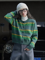 Louvre winter new Japanese retro alpaca striped contrasting knitted cardigan soft and comfortable casual top for women