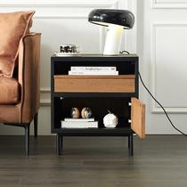 Nordic modern retro color matching teak color solid wood sofa side table wabi-sabi style black carved oak bedside table