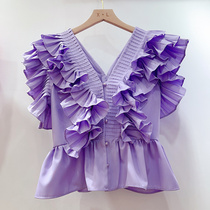 Ruffled V-neck French shirt for women 2024 new summer style retro pleated waist slimming sleeveless top