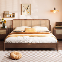 Solid wood rattan bed modern minimalist medieval style bedroom wabi-sabi walnut color retro style French 1 8m double rattan bed