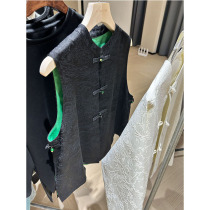 National trend new Chinese style Xiangyun black and green silk linen dark pattern jacquard contrast color old money style sleeveless vest