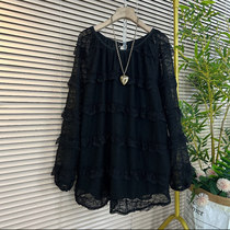 Fat Girl Black Loose Big Slim Casual Versatile Plus Size Womens Fashion Lace Long Sleeve Top