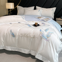 Light luxury style 180 count cotton embroidered four-piece set 100 simple naked sleeping sheets and quilt cover four seasons pure cotton bedding