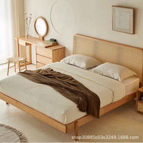 Rattan bed Japanese solid wood bed ash wood 1 8 meters 1 5 master bedroom Nordic wood color double bed retro style furniture
