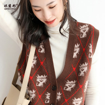 New high-quality wool blend 2024 spring new womens loose V-neck retro jacquard short sleeveless knit