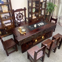 Ship wood tea table and chair combination keel tea table solid wood new Chinese style coffee table large board kung fu tea art table large tea making table