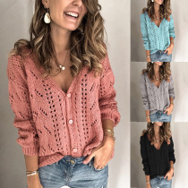 European and American cross-border foreign trade spring and autumn new womens knitted cardigan long-sleeved hollow V-neck sweater cross-border womens clothing