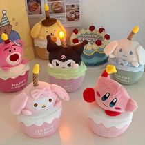 Singing Kirby birthday cake with musical candles and glowing Melody doll plush toy