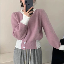 Super nice sweater with color matching buttons short autumn and winter new style 2024 fashionable foreign temperature soft waxy breast top