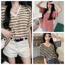 Fat sister large size right shoulder v-neck black and white striped short-sleeved T-shirt for women summer new design niche loose top