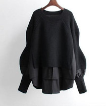 European Station Autumn and Winter New Loose Pullover Knitted Sweater Round Neck Western Style Splicing Fake Two-piece Top Womens Cross-Border Trend