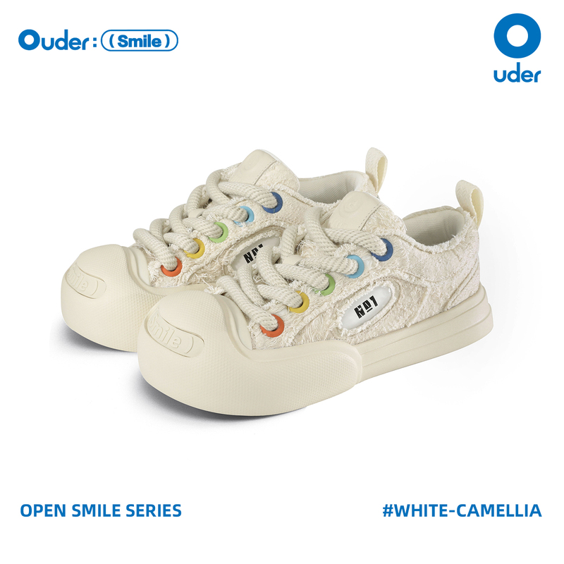 [Same Style as Zhang Hao] Ouder X Nanbo Wan Collaboration Open-Toe Canvas Shoes, White Camellia Height-Increasing Chunky Sneakers