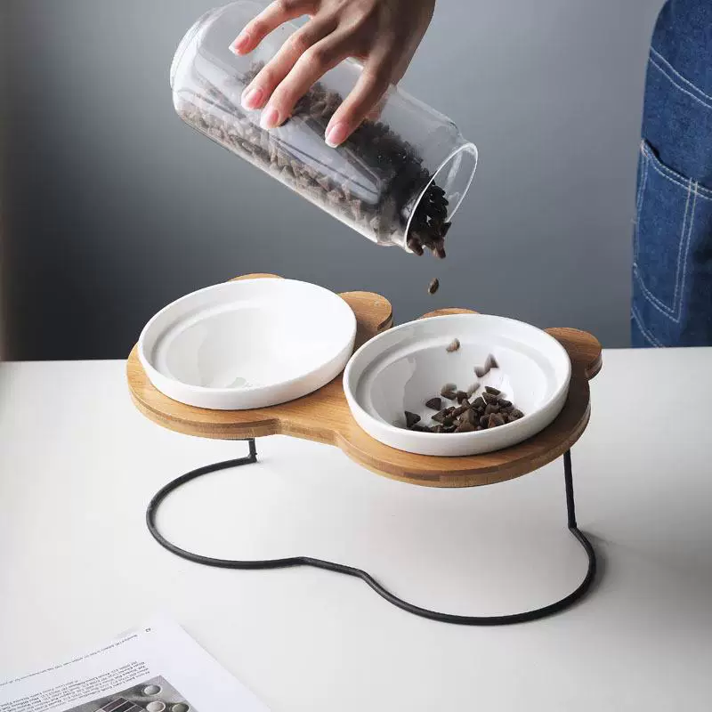[宠物碗陶瓷碗木架双碗猫碗双碗双食盆高脚碗带架水碗斜口碗猫粮碗]