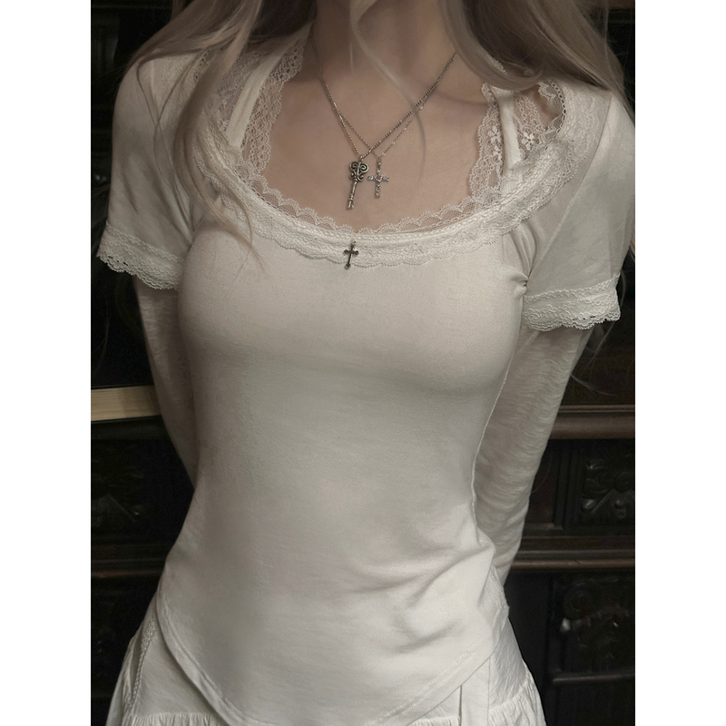Kittenclaw Dreamland Melody Tencel Knit Faux Two-Piece Cross Lace Tie T-Shirt Long Sleeve Top