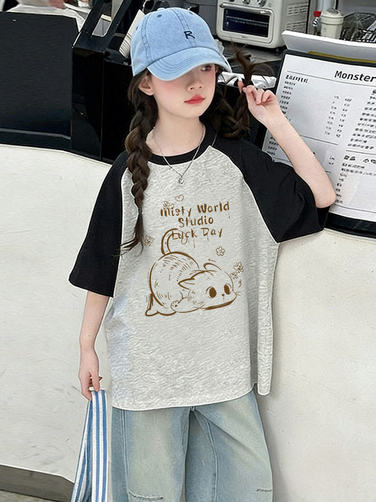 Little Cat Pure Cotton Girls' Short Sleeve T-Shirt 2026 New Summer Girls' Children's Top Large Size Half Sleeve T-Shirt Trendy