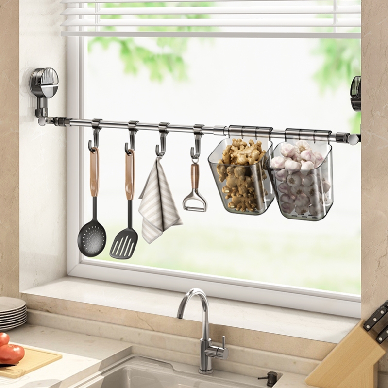German Suction Cup Type Punch-Free Telescopic Rod Kitchen Window Storage Onion Ginger Garlic Storage Hanging Rod Corner Wall Hanging Shovel