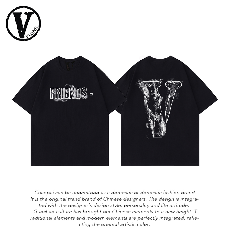 Authentic Vlone Orval Trendy Brand Smoke Logo Celebrity Style Big V Short-Sleeve American Loose Fit Unisex T-Shirt for Summer