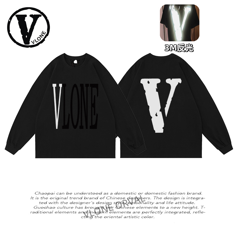 Authentic Vlone Orval Reflective Large V Long-Sleeve T-Shirt American Style Trendy Pure Cotton New Product Couple Loose Base Layer