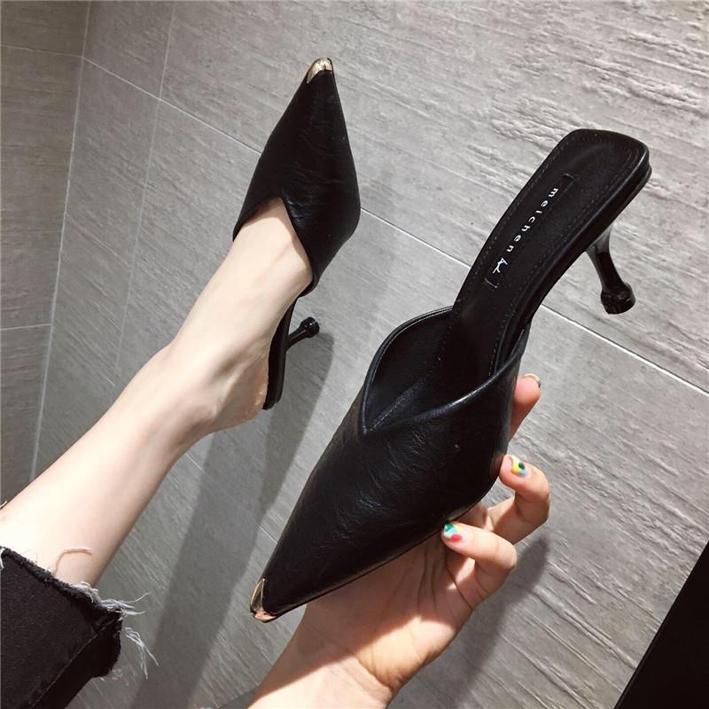 Sandals 2024 New Summer Style Closed-Toe Outdoor Half-Slippers French High Heels Women's Stiletto Pointed Toe Fashion Slip-On