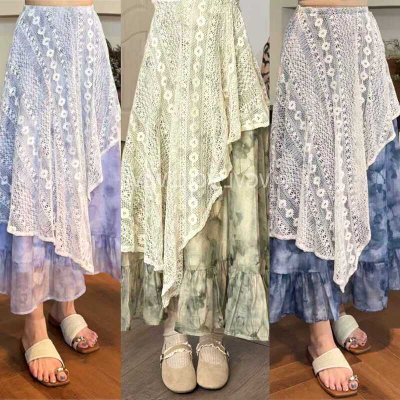 Vgvl Xiao Zhuo【Cloud Jade】Fresh and Sweet Mori Girl Style Crochet Patchwork Puffy Skirt 70484
