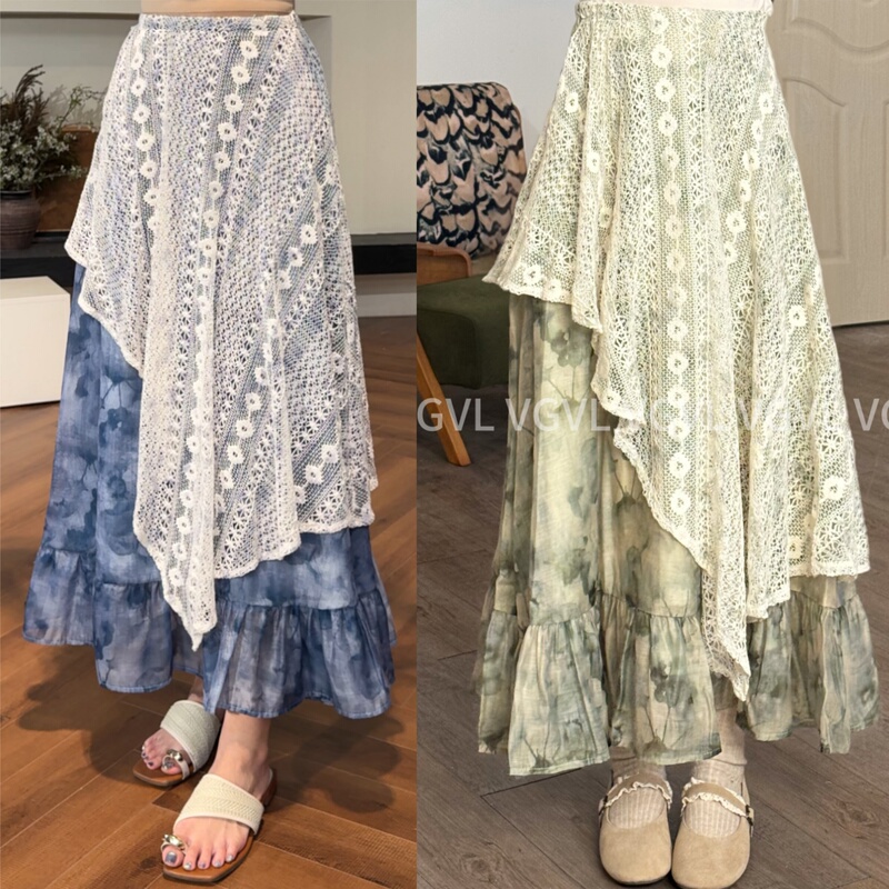 Vgvl Xiao Zhuo【Cloud Jade】Fresh and Sweet Mori Girl Style Crochet Patchwork Puffy Skirt 70484