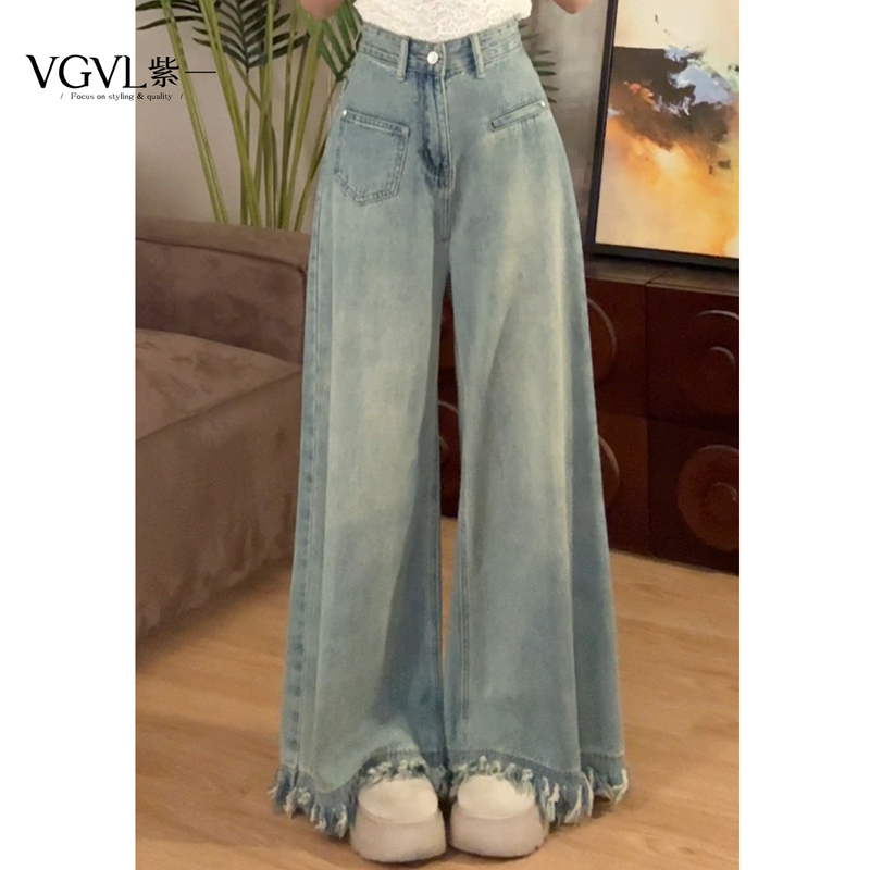 Vgvl Xiao Zhuo Pants [Ancient Blue] Summer New Design Tassel Hem Versatile Jeans for Women 60197
